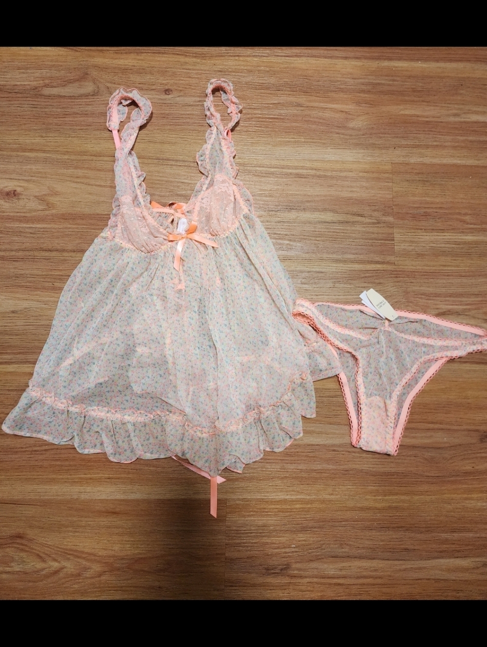 Sheer Floral Babydoll Lingerie Set in Peach